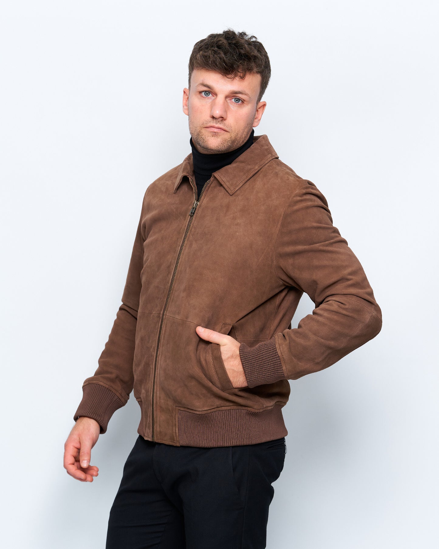 Giubbotto In Vera Pelle Scamosciata Con Collo A Camicia E Bordo E Polsi In Maglia - Marpel l'Atelier
