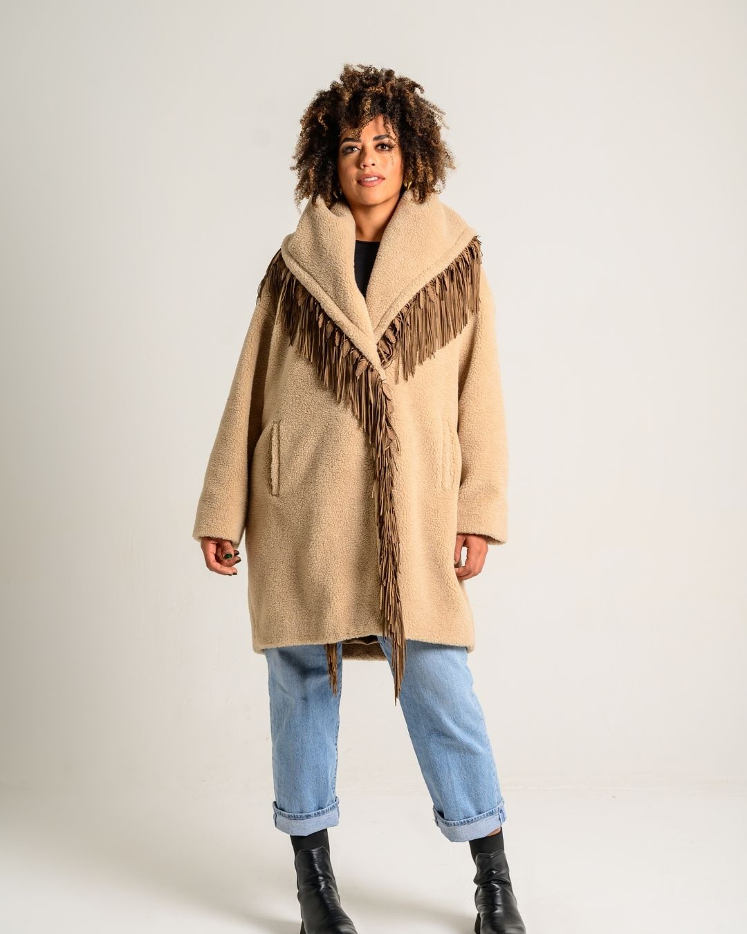 Cappotto teddy in lana con frange in camoscio - Marpel l'Atelier