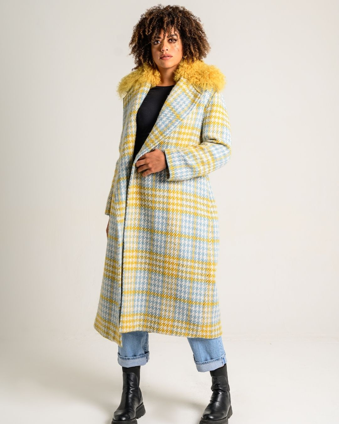 Cappotto in lana pied de poule con collo in agnellone - Marpel l'Atelier