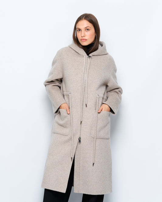 Cappotto Di Cashmere Con Cappuccio, Chiusura Zip E Coulisse In Vita